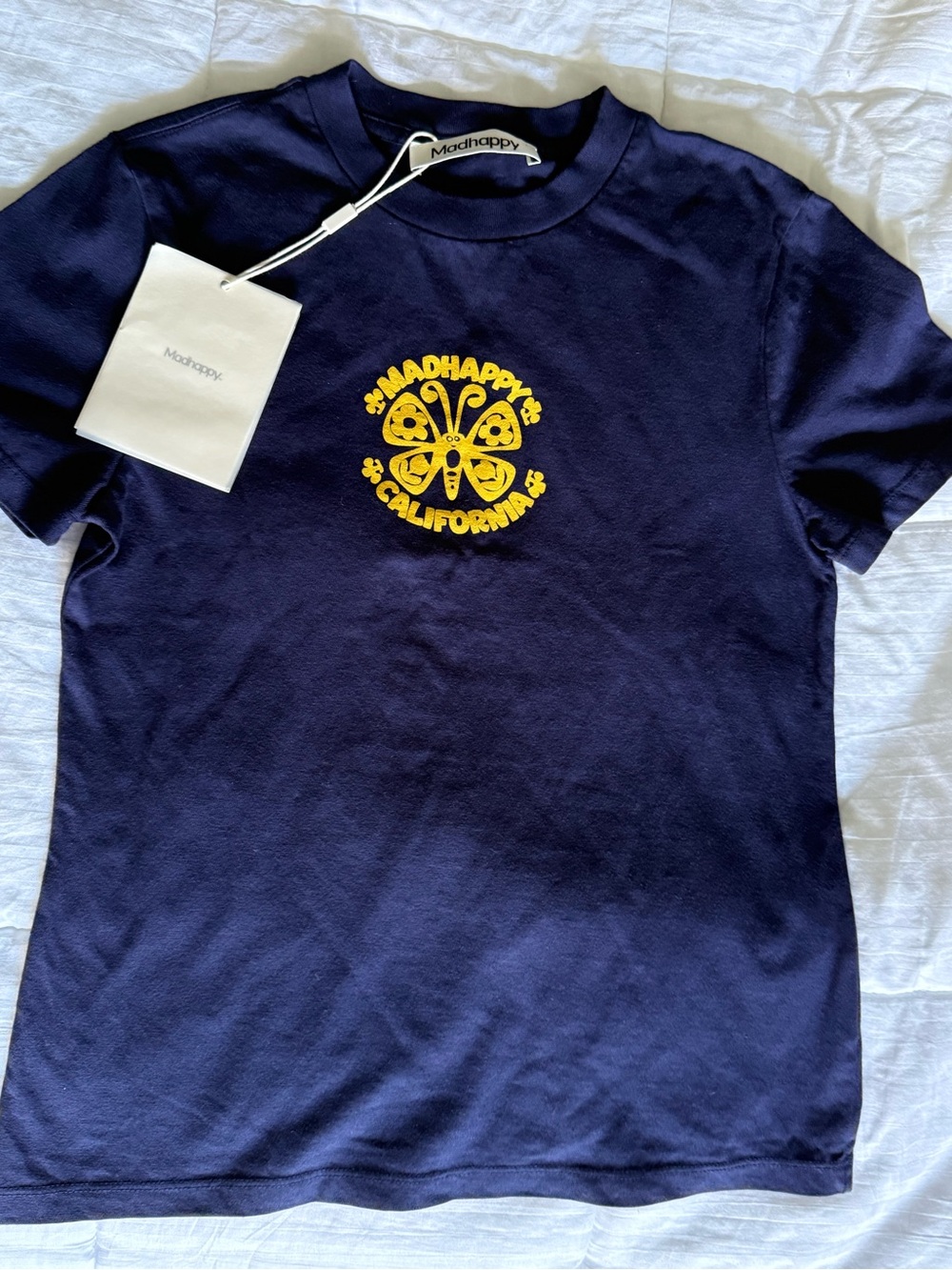 NWT Madhappy butterfly graphics shrunken Navy Tee with Yellow Butterfly
